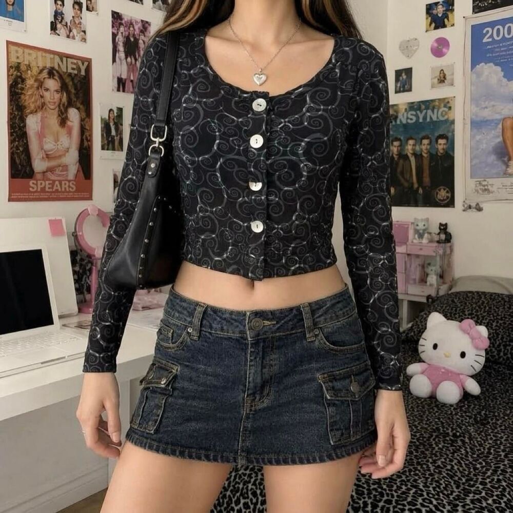 Me Mary Ellen Black Swirl Print Button Up Long Sleeve Crop Size Small Whimsigoth
